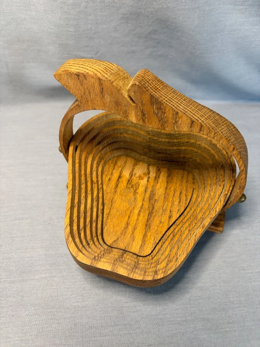 Vintage Handmade Collapsible Wooden Bowl Basket Trivet Apple Shape Deep Spring